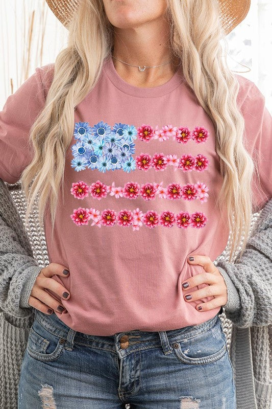 Flower USA Flag Graphic Unisex Crew Neck T Shirts