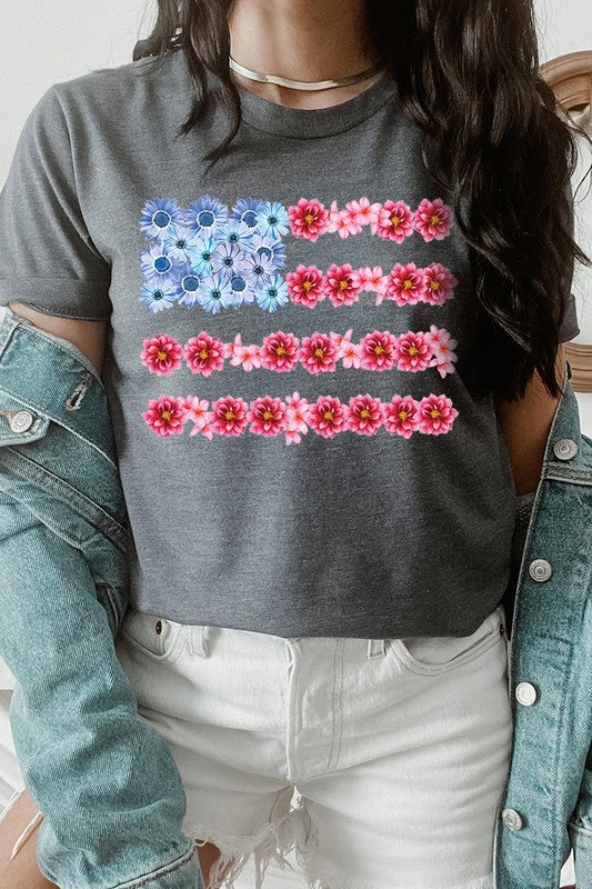 Flower USA Flag Graphic Unisex Crew Neck T Shirts