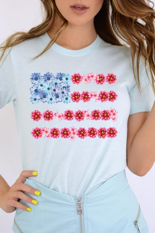 Flower USA Flag Graphic Unisex Crew Neck T Shirts