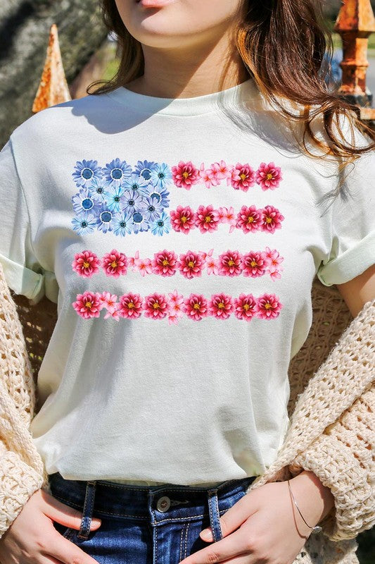 Flower USA Flag Graphic Unisex Crew Neck T Shirts