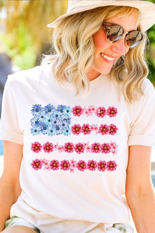 Flower USA Flag Graphic Unisex Crew Neck T Shirts