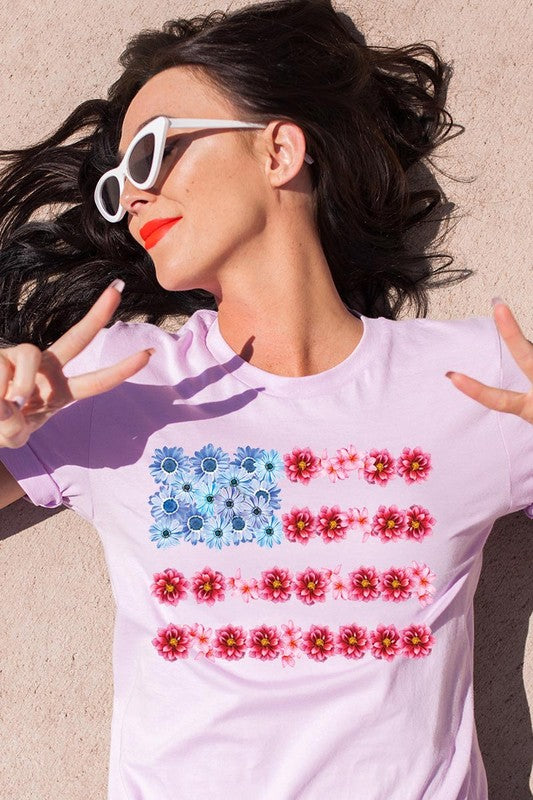 Flower USA Flag Graphic Unisex Crew Neck T Shirts