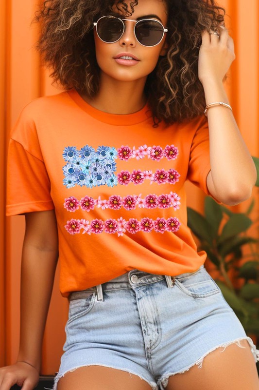 Flower USA Flag Graphic Unisex Crew Neck T Shirts
