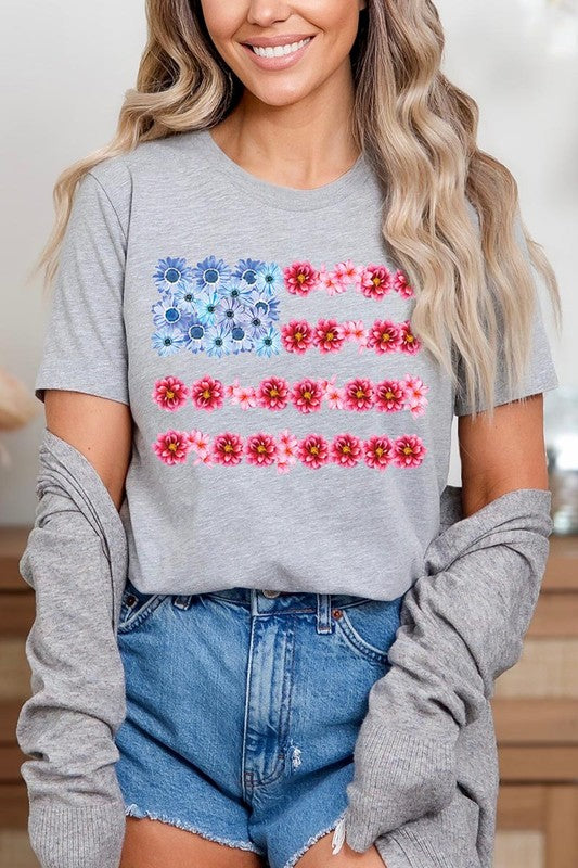 Flower USA Flag Graphic Unisex Crew Neck T Shirts