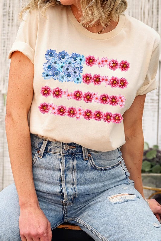 Flower USA Flag Graphic Unisex Crew Neck T Shirts