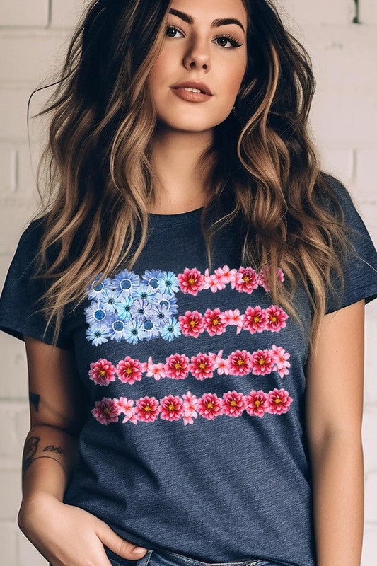 Flower USA Flag Graphic Unisex Crew Neck T Shirts