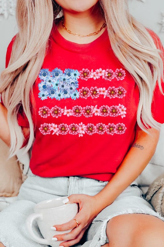 Flower USA Flag Graphic Unisex Crew Neck T Shirts