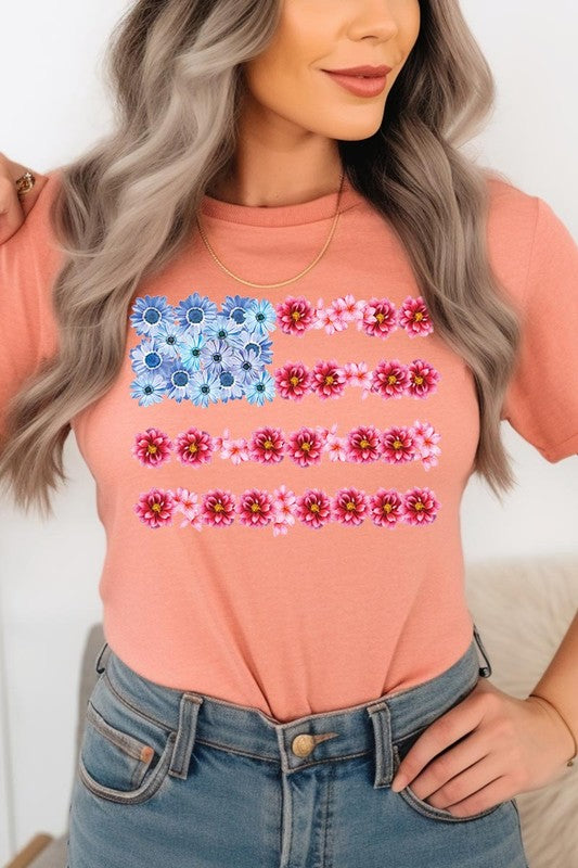 Flower USA Flag Graphic Unisex Crew Neck T Shirts