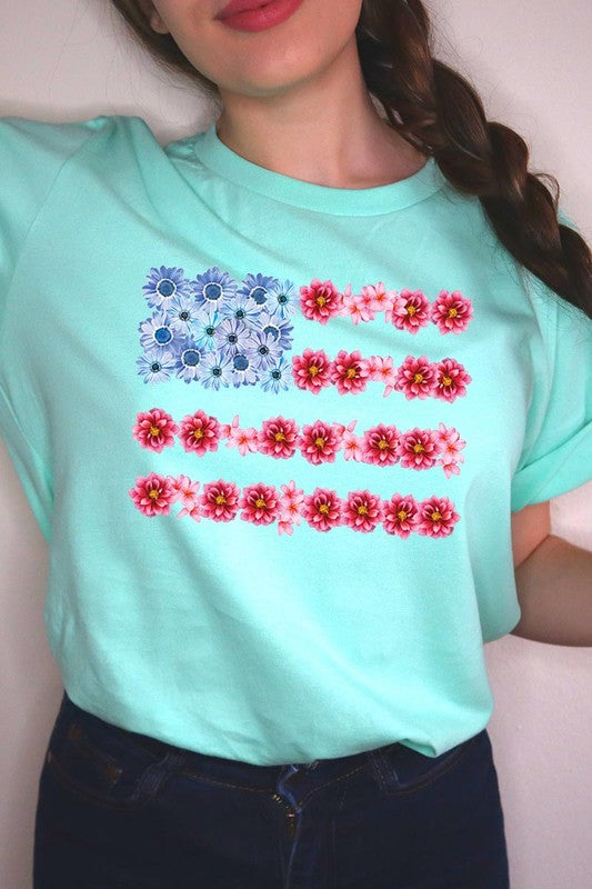 Flower USA Flag Graphic Unisex Crew Neck T Shirts