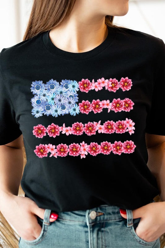 Flower USA Flag Graphic Unisex Crew Neck T Shirts