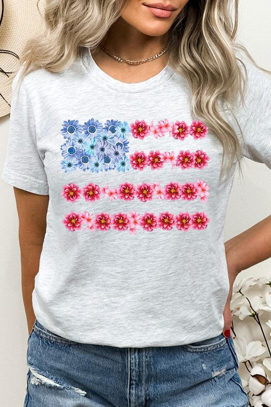 Flower USA Flag Graphic Unisex Crew Neck T Shirts