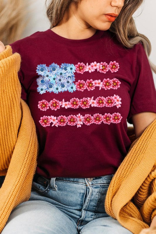 Flower USA Flag Graphic Unisex Crew Neck T Shirts