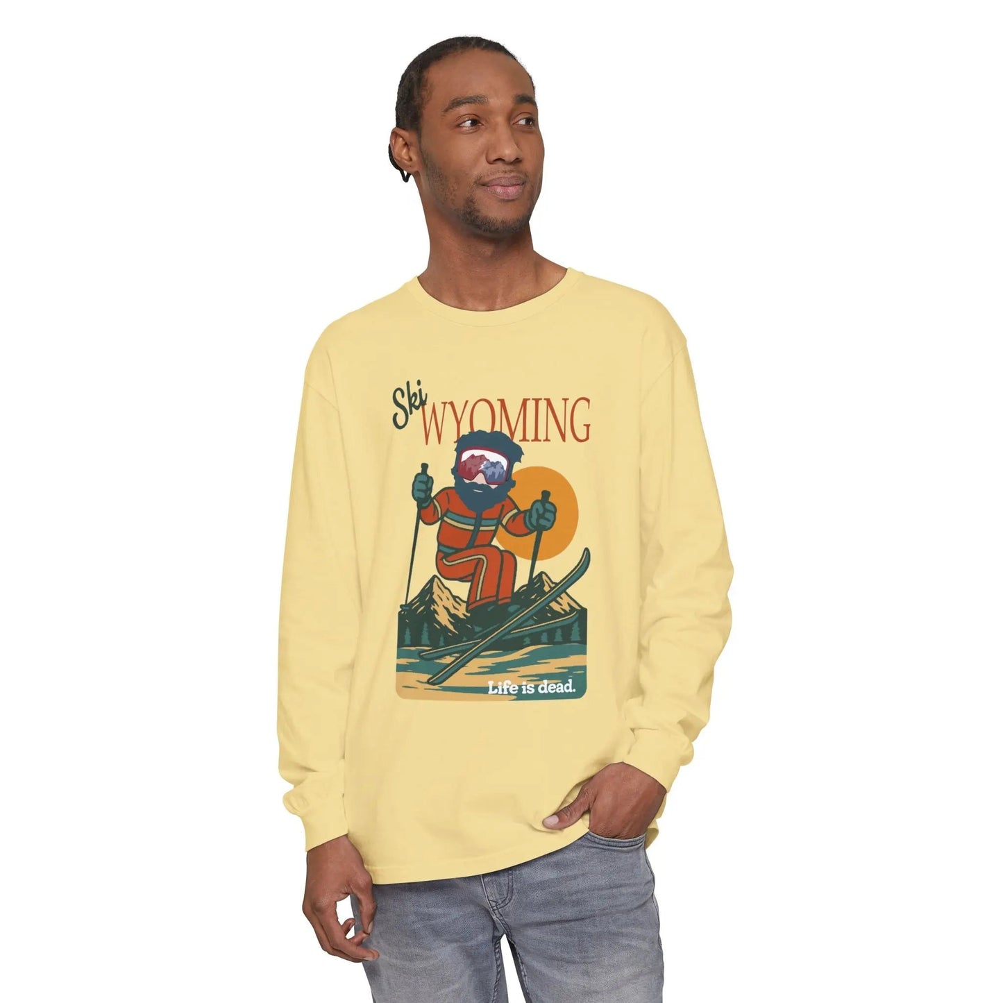 Garment-Dyed Long Sleeve T-Shirt Soft Mountain Collection Ski Wyoming
