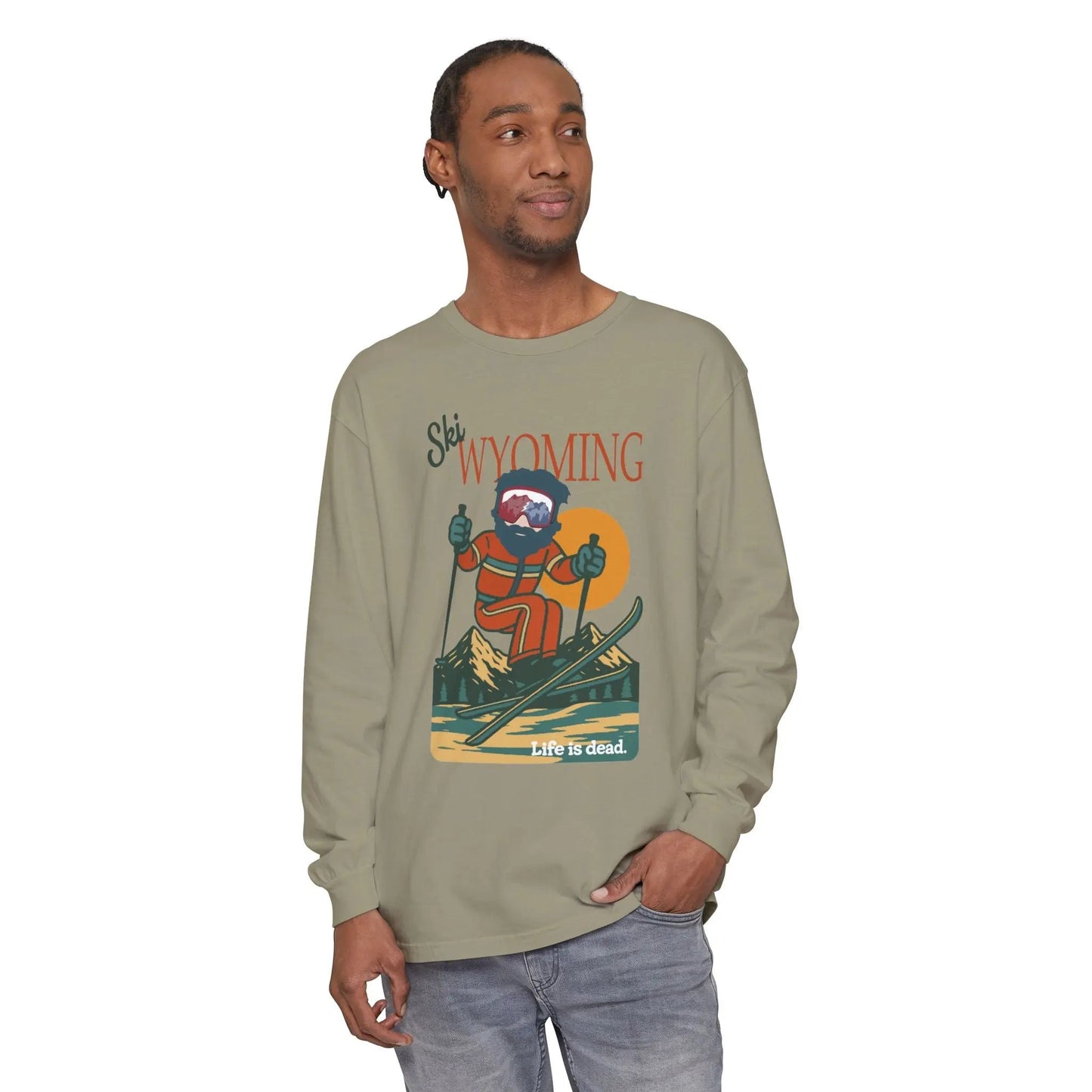 Garment-Dyed Long Sleeve T-Shirt Soft Mountain Collection Ski Wyoming