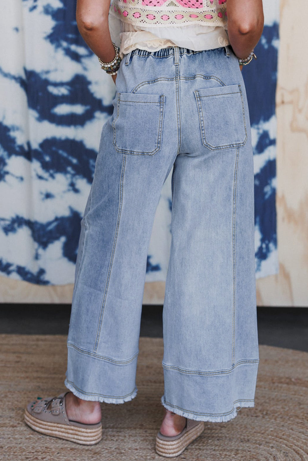 Drawstring Waist Seam Detail Wide Leg Jeans Beau Blue