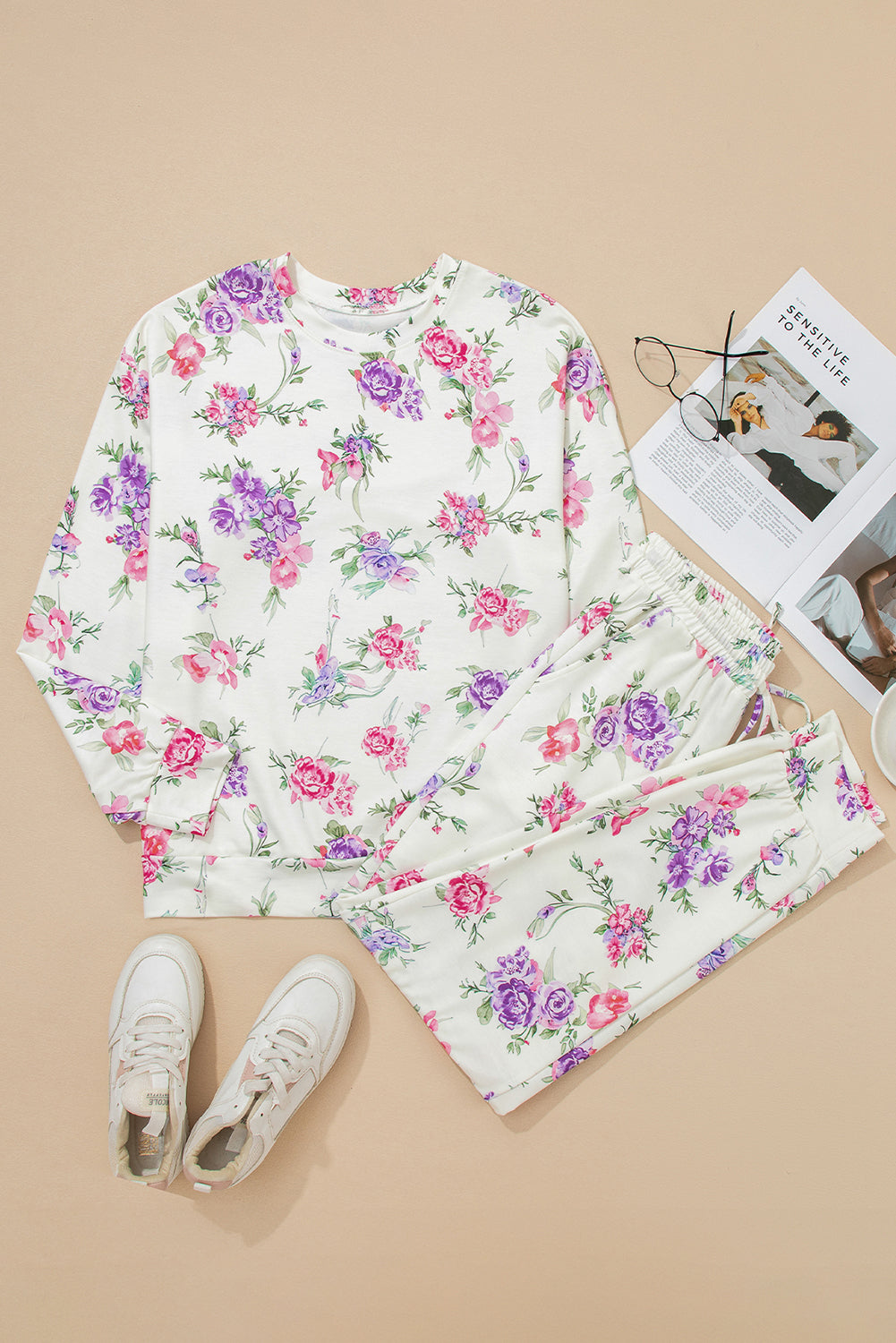 Apricot Floral Print Drawstring Lounge Pants Set Pullover