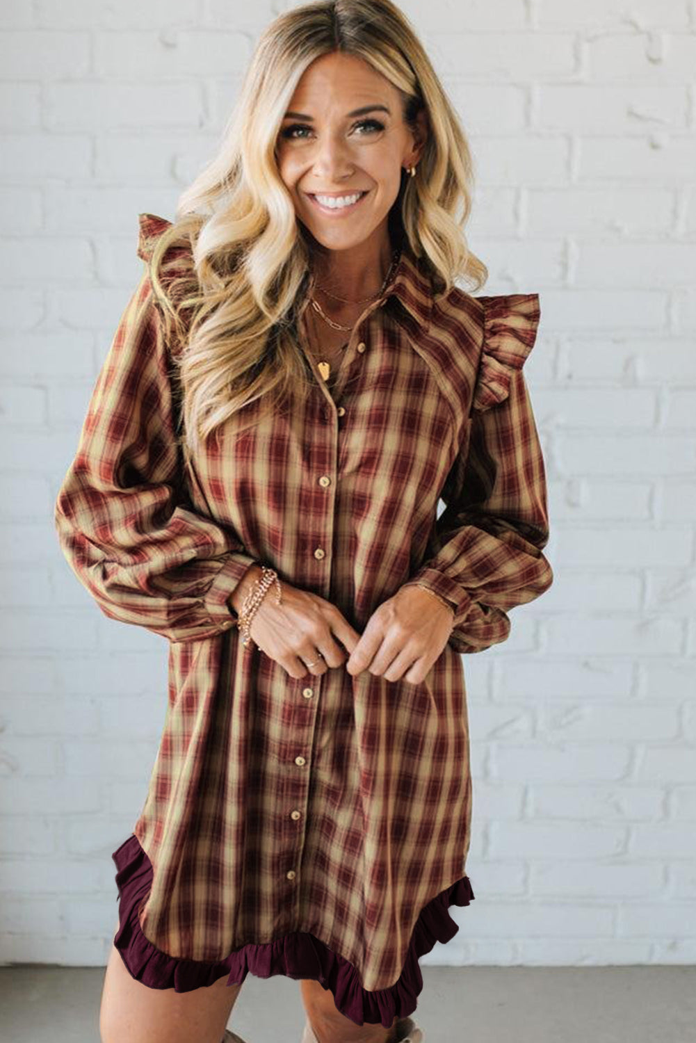 Red Plaid Print Ruffled Long Sleeve Mini Shirt Dress