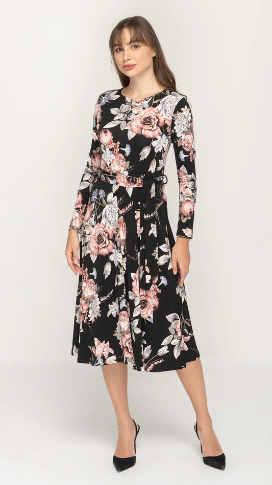 Belted Midi Dress Long Sleeve Fit and Flare Dress