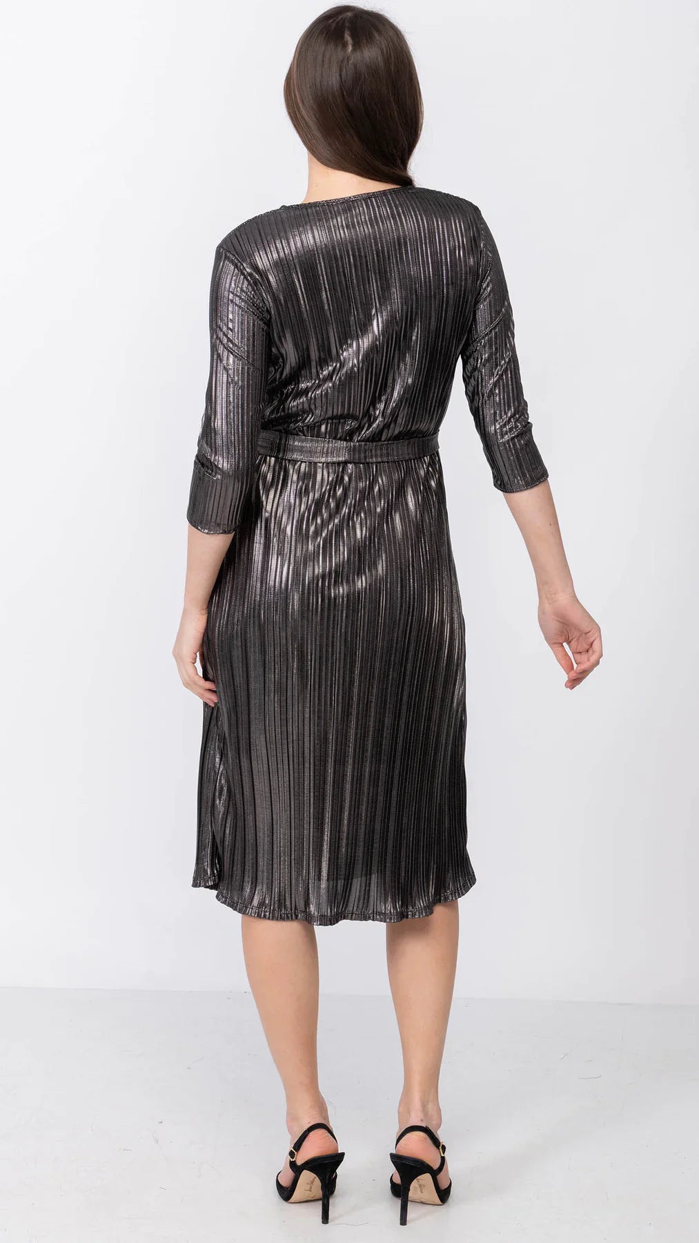 Metallic Pleated A-Line Dress 3/4 Sleeves