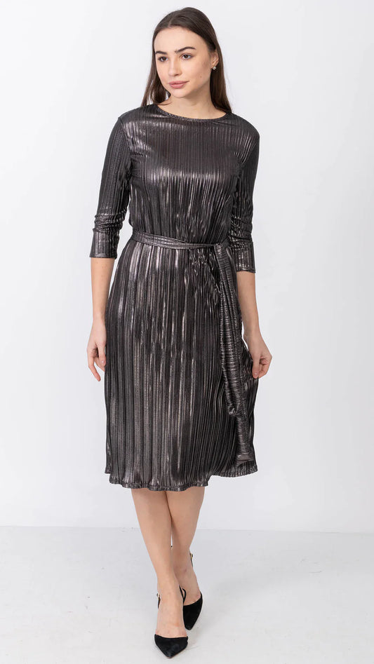 Metallic Pleated A-Line Dress 3/4 Sleeves