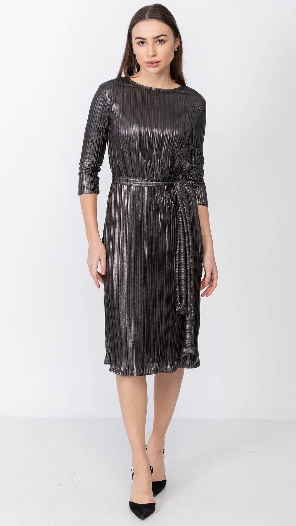 Metallic Pleated A-Line Dress 3/4 Sleeves