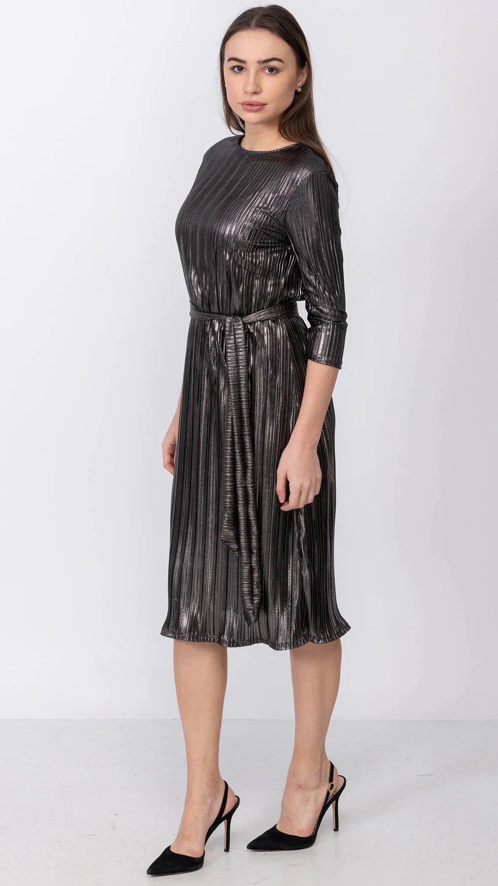 Metallic Pleated A-Line Dress 3/4 Sleeves