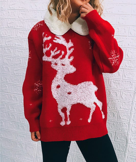 Christmas Themed Stitched Lapel Long-sleeved Sweater