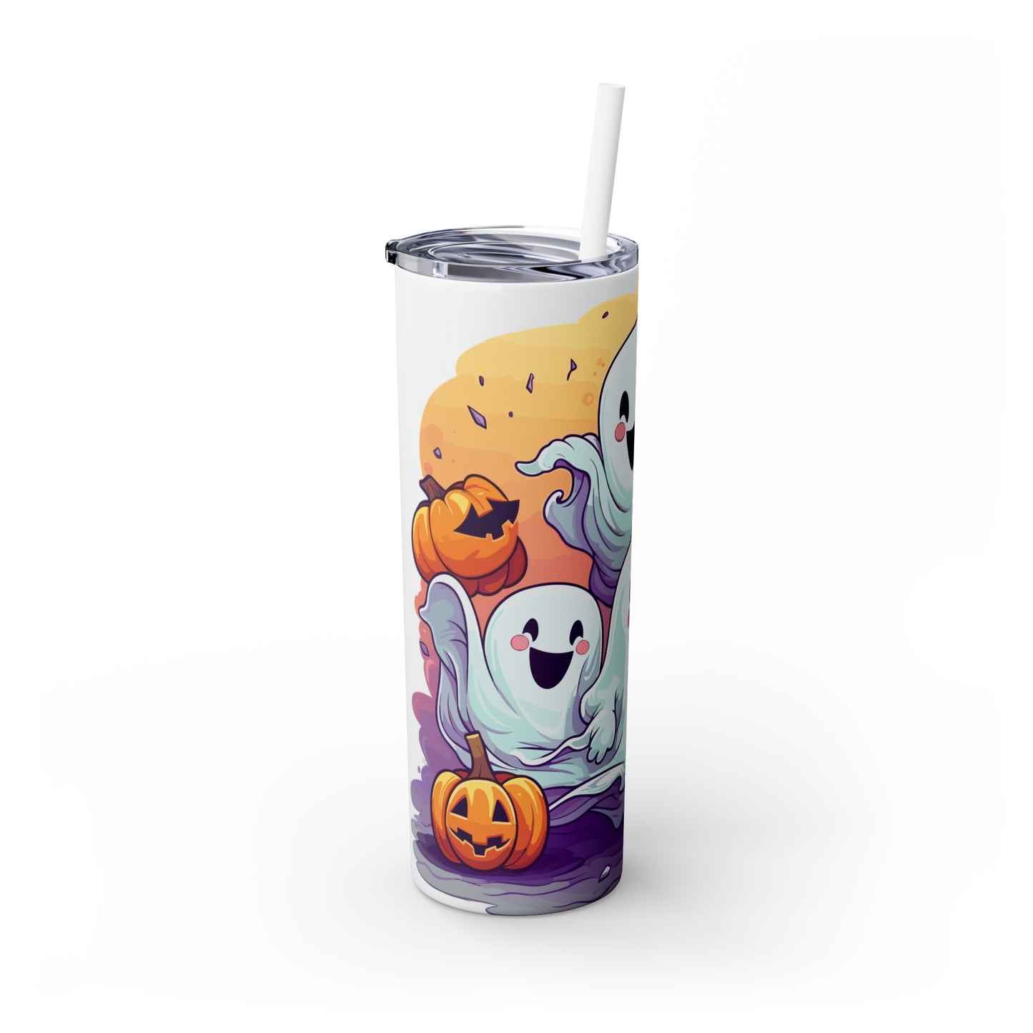 Halloween Skinny Tumbler with Straw 20oz - Spooky Drinkware - Ghost Theme - BPA-Free, Reusable Cup, Halloween Tumbler, Halloween Gift