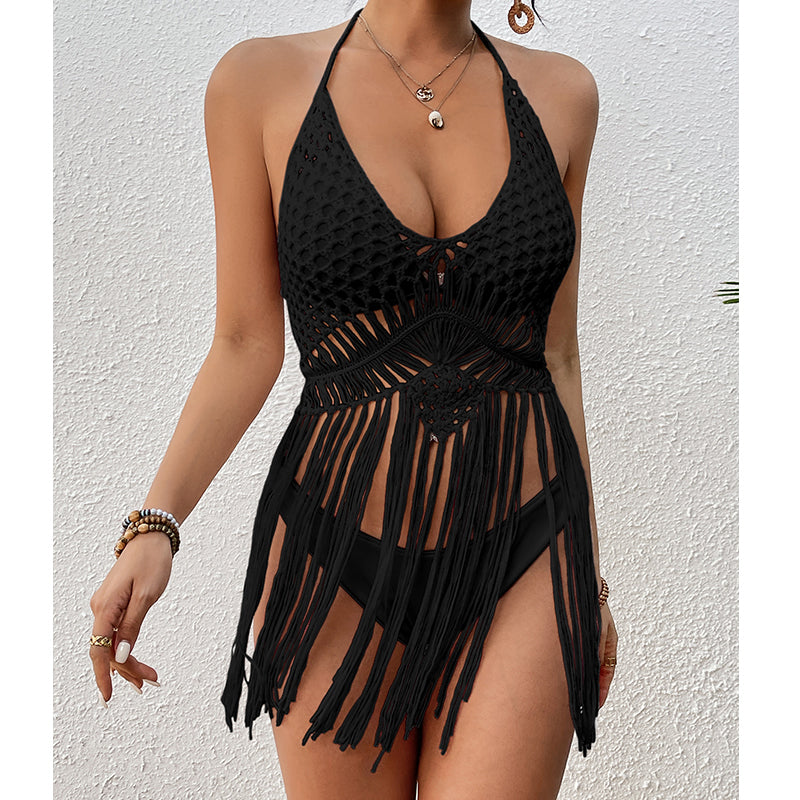 Arrival Beach Vacation Sexy Hand Crocheting Woven Lace up Cutout Long Fringe Beach Cover Up Short Top Crochet hook