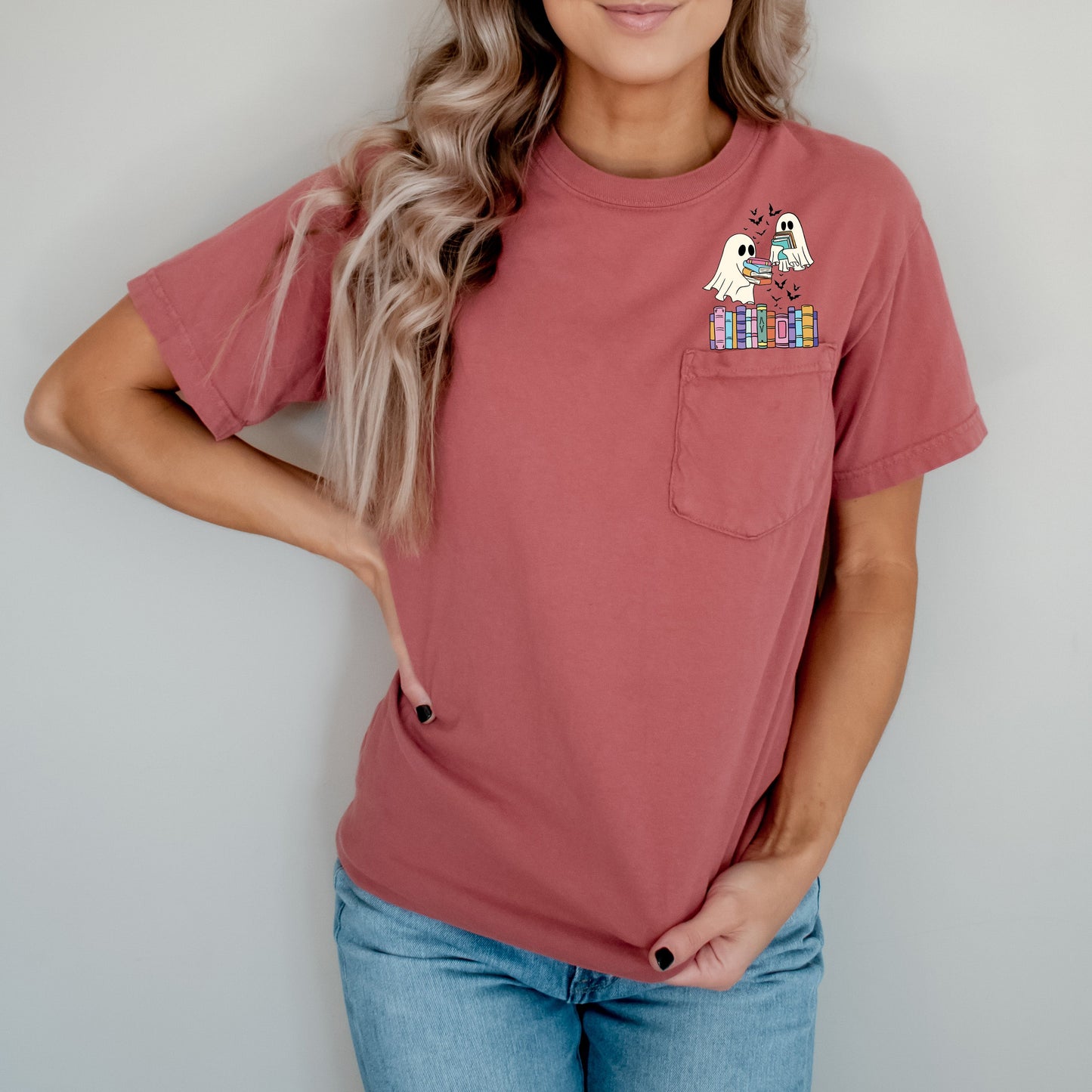 Cute Book Lover Ghosts Pocket T-Shirt Comfort Colors Pocket T-Shirt