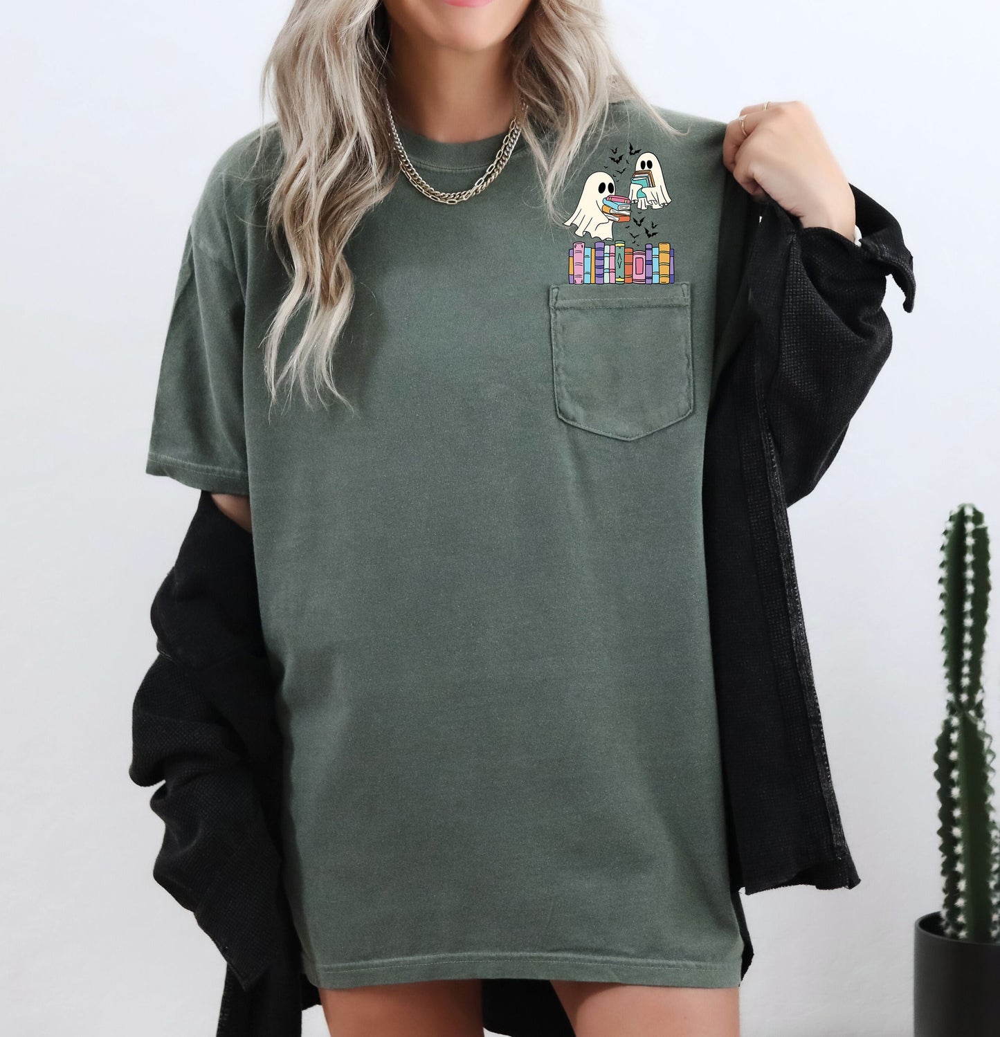 Cute Book Lover Ghosts Pocket T-Shirt Comfort Colors Pocket T-Shirt