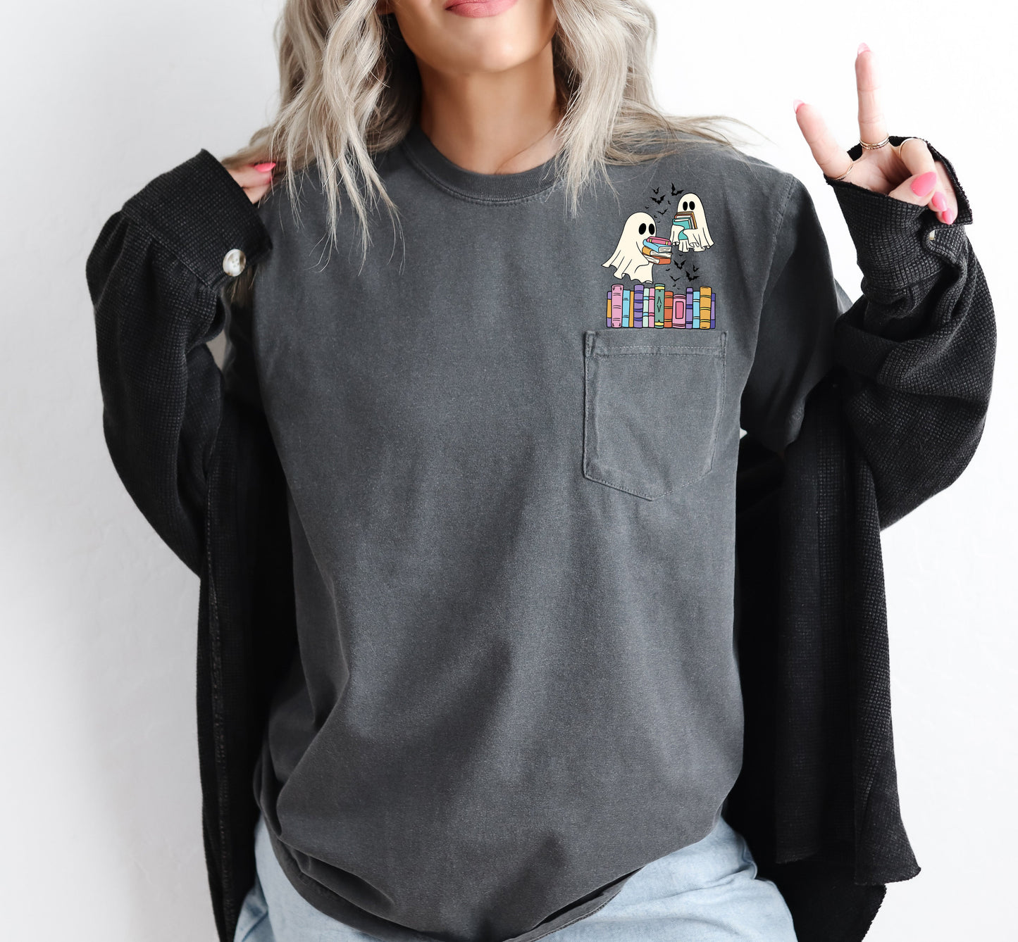 Cute Book Lover Ghosts Pocket T-Shirt Comfort Colors Pocket T-Shirt