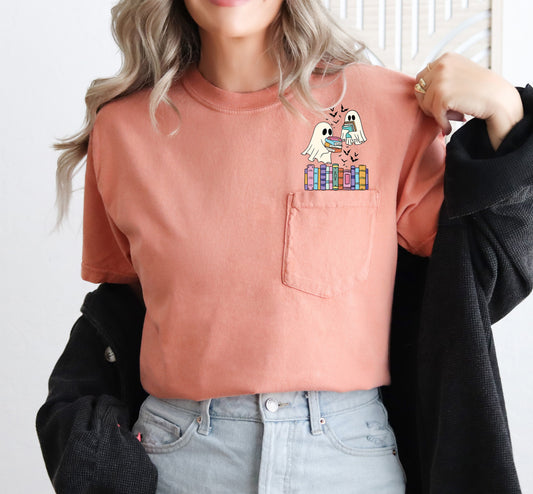 Cute Book Lover Ghosts Pocket T-Shirt Comfort Colors Pocket T-Shirt