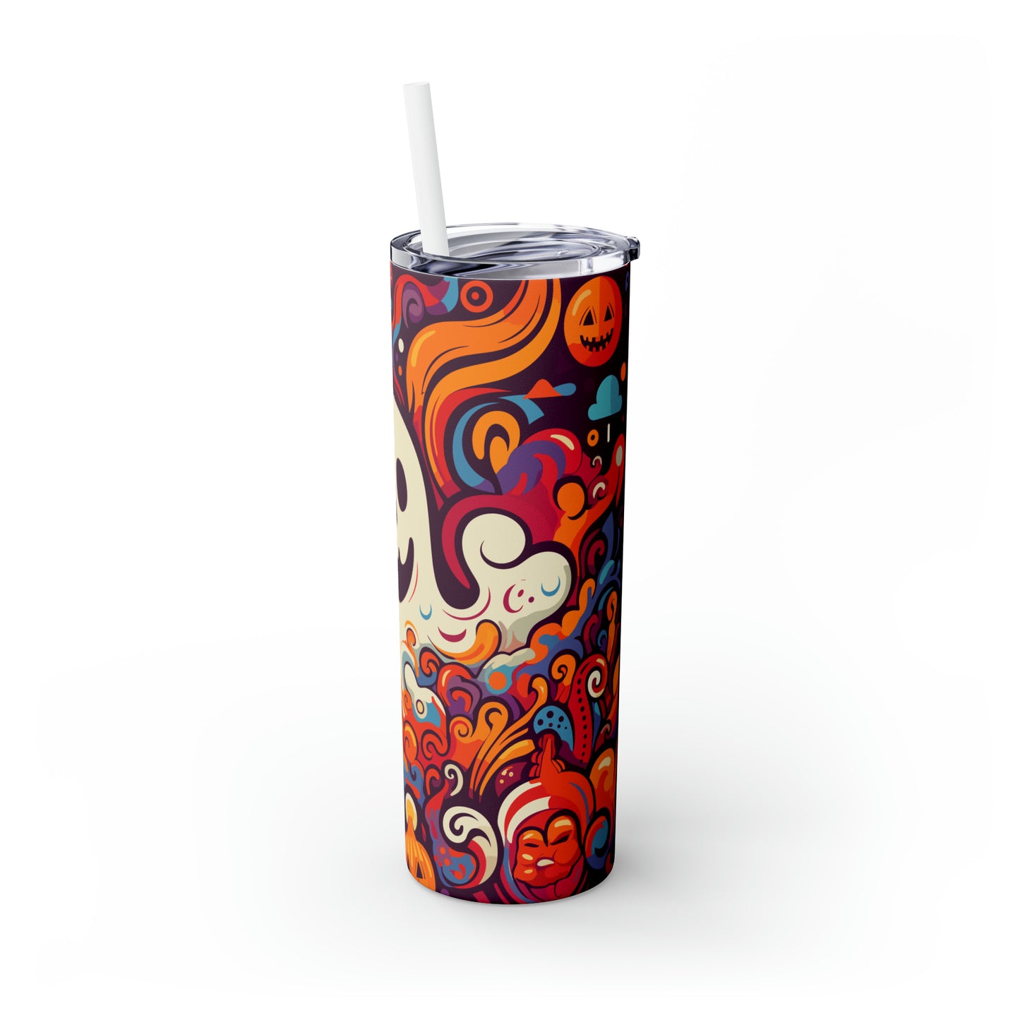 Halloween Skinny Tumbler with Straw 20oz - Spooky Drinkware - Ghost Theme - BPA-Free, Reusable Cup, Halloween Tumbler, Halloween Gift - New