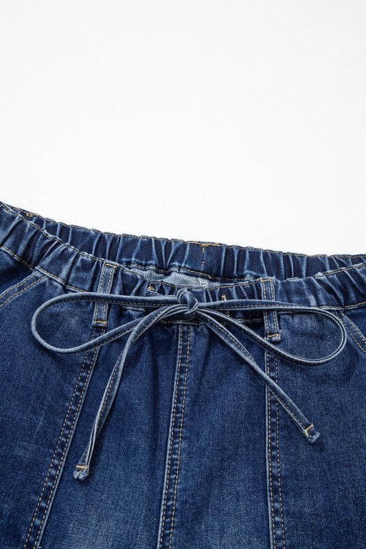 Denim Raw Hem Drawstring Wide Leg Pants