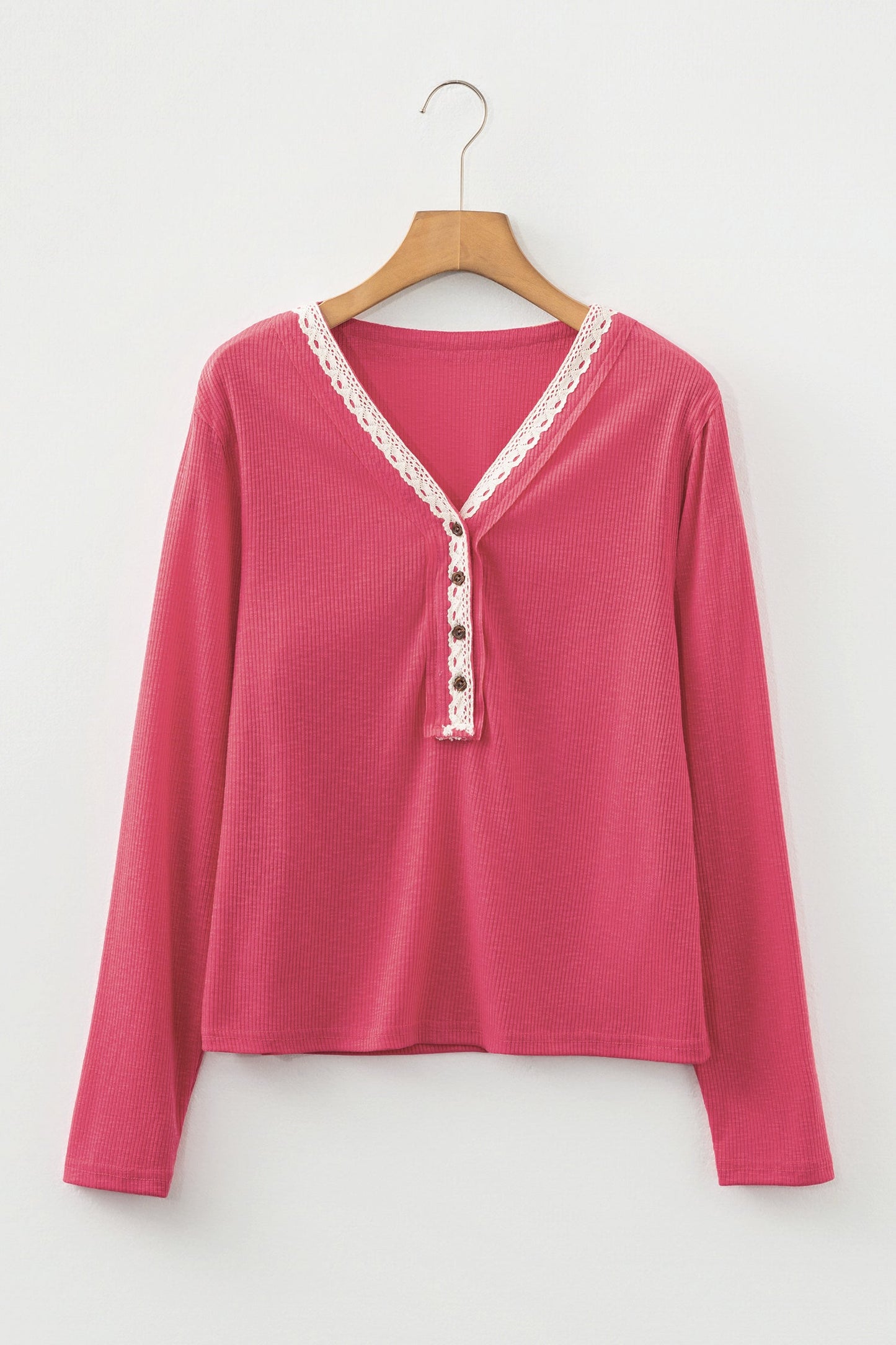 Racing Red Ribbed Texture Contrast Lace Trim Long Sleeve Top