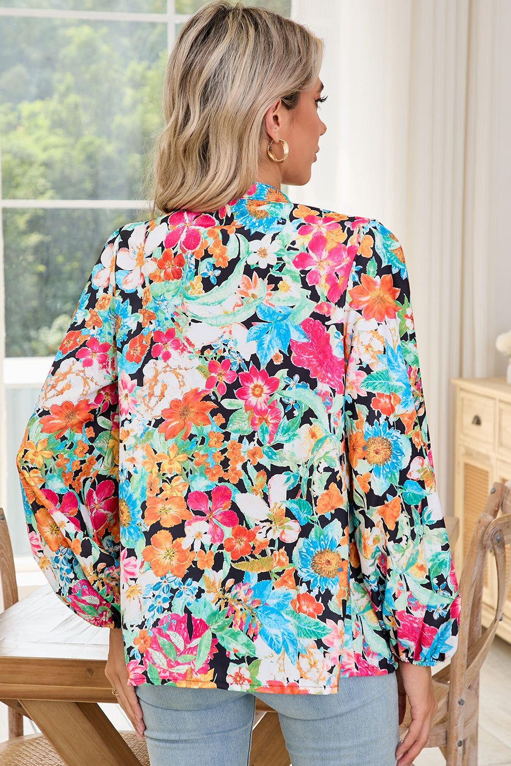 Multicolour Boho V Neck Lantern Sleeve Blouse