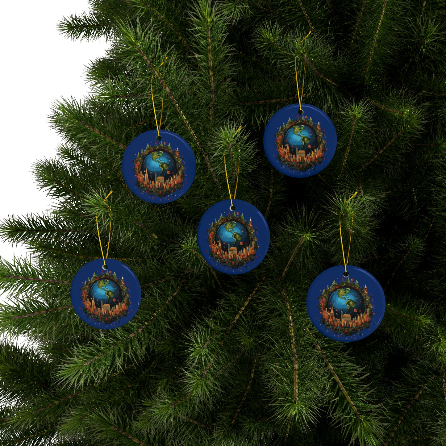 Earth in Christmas decorations and a big Christmas tree, dark blue Ceramic Ornaments (1pc, 3pcs, 5pcs, 10pcs)
