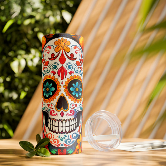 Halloween Skinny Tumbler with Straw 20oz - Spooky Drinkware - Skull Theme - BPA-Free, Reusable Cup, Halloween Tumbler, Halloween Gift