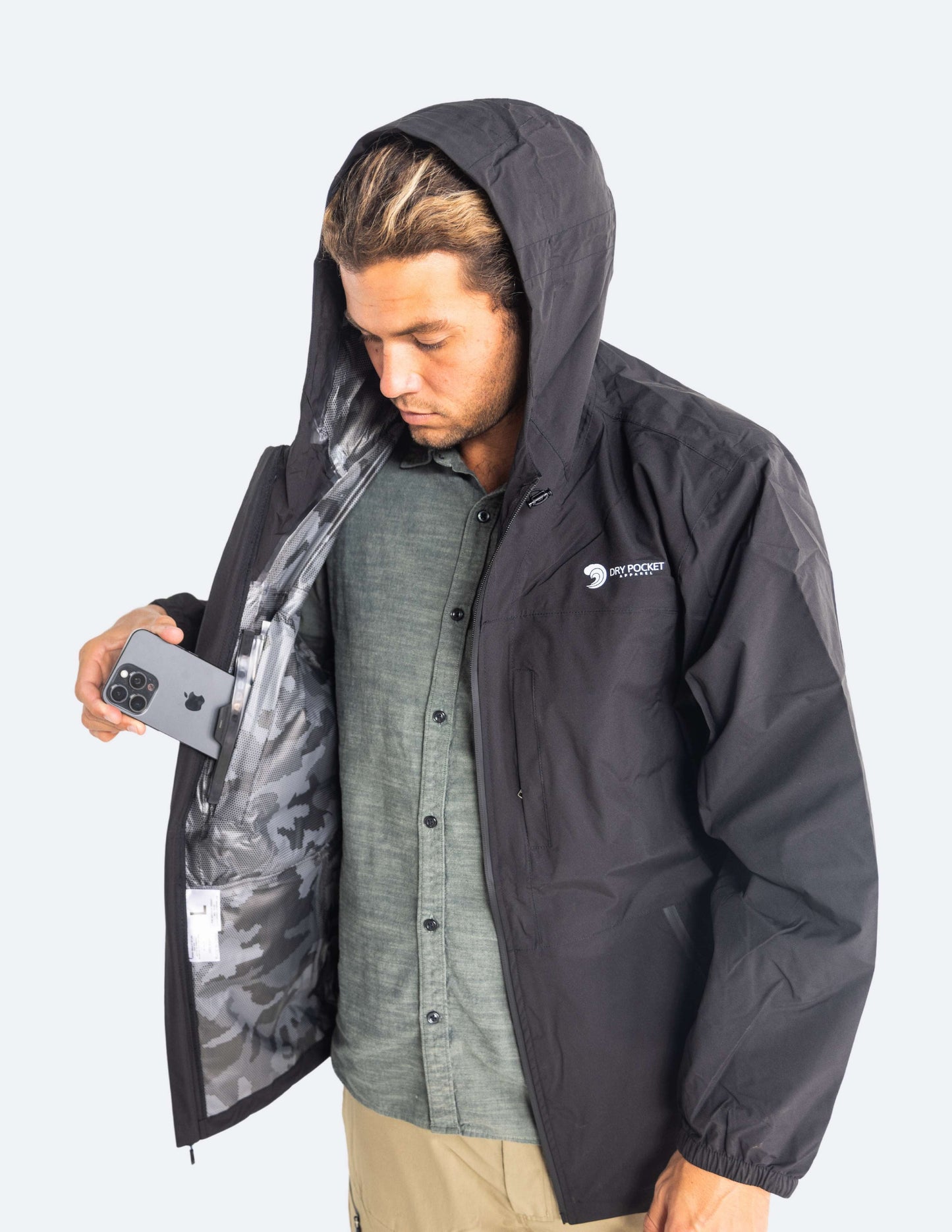 Waterproof Pocket Rain Jacket Lightweight Black Fin