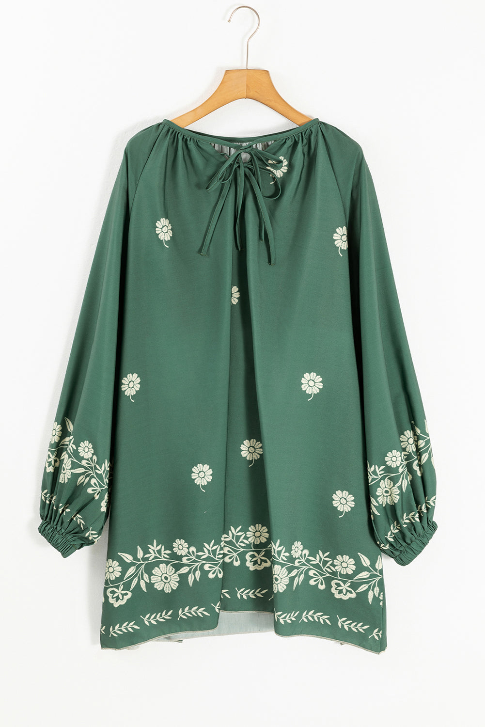 Mist Green Tie Neck Puff Sleeve Shift Dress Boho Floral Pattern