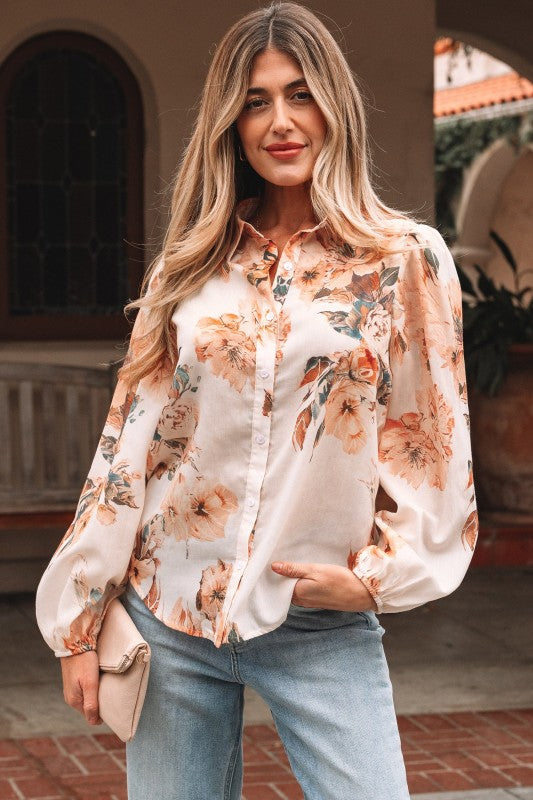 Floral Puff Sleeve Collared Shirt Light and Airy Women's Shirt