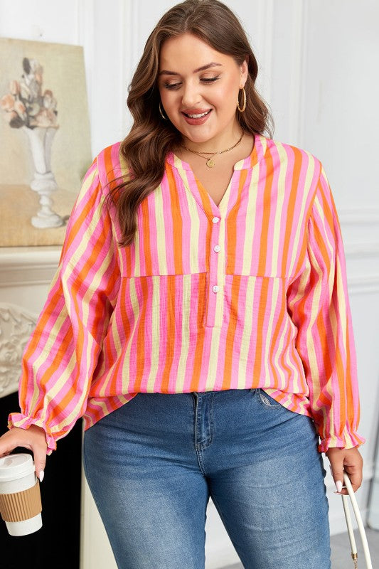 Plus Size Crinkled Half-Button Blouse Stripe