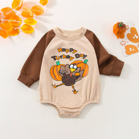 Children's Turkey Print Khaki Long Sleeve Romper Cotton Fabric