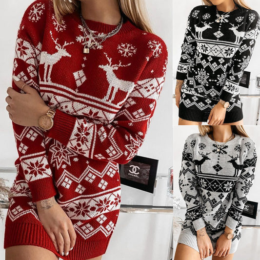 Elk Snowflake Christmas Jacquard Long Knitted Dress Sweaters