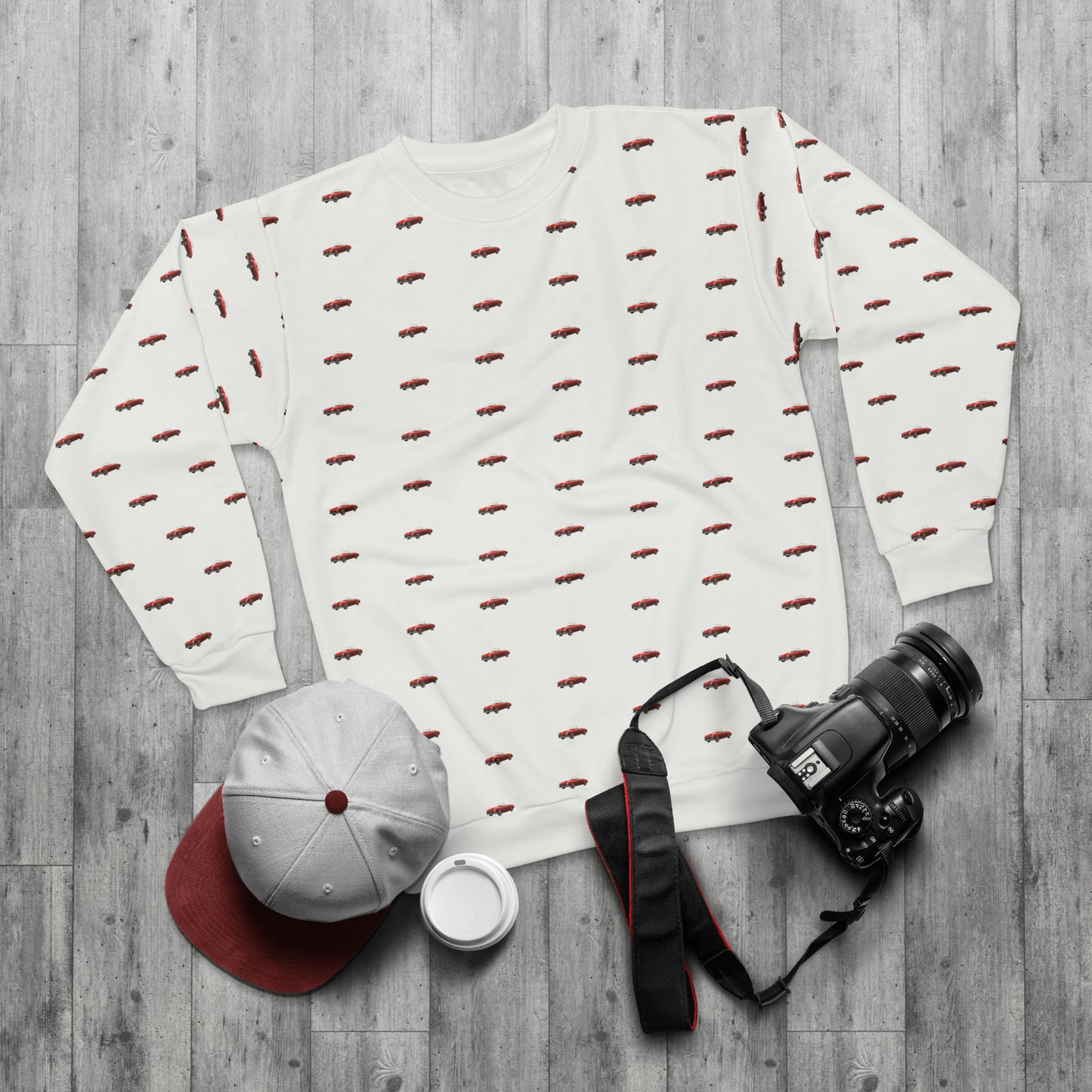 Red color stylist car, White Unisex Sweatshirt (AOP)