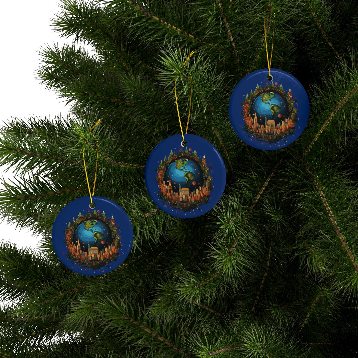 Earth in Christmas decorations and a big Christmas tree, dark blue Ceramic Ornaments (1pc, 3pcs, 5pcs, 10pcs)