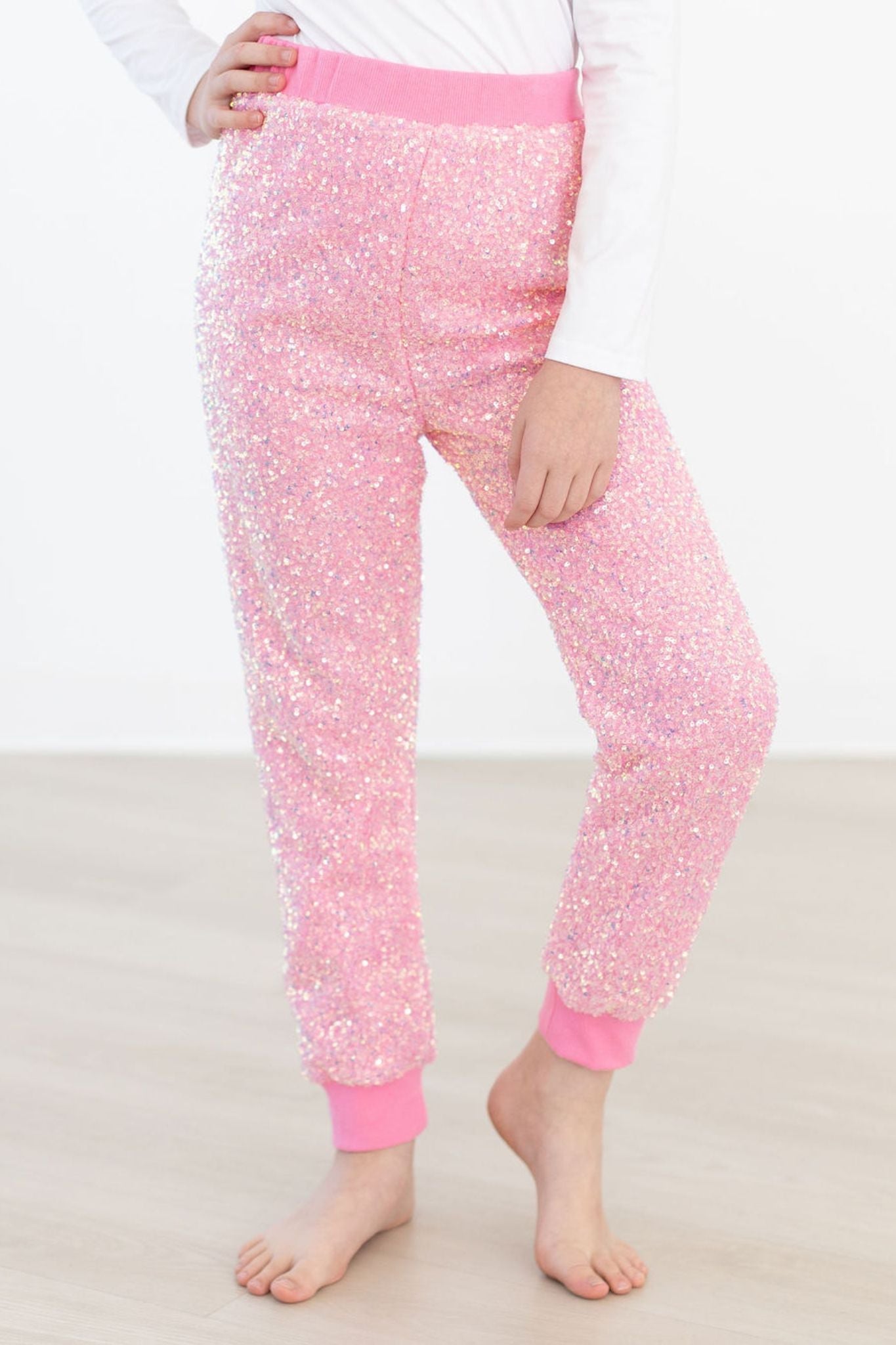 Bubblegum Pink Sequin Joggers Comfort Elastic Waist Mila & Rose