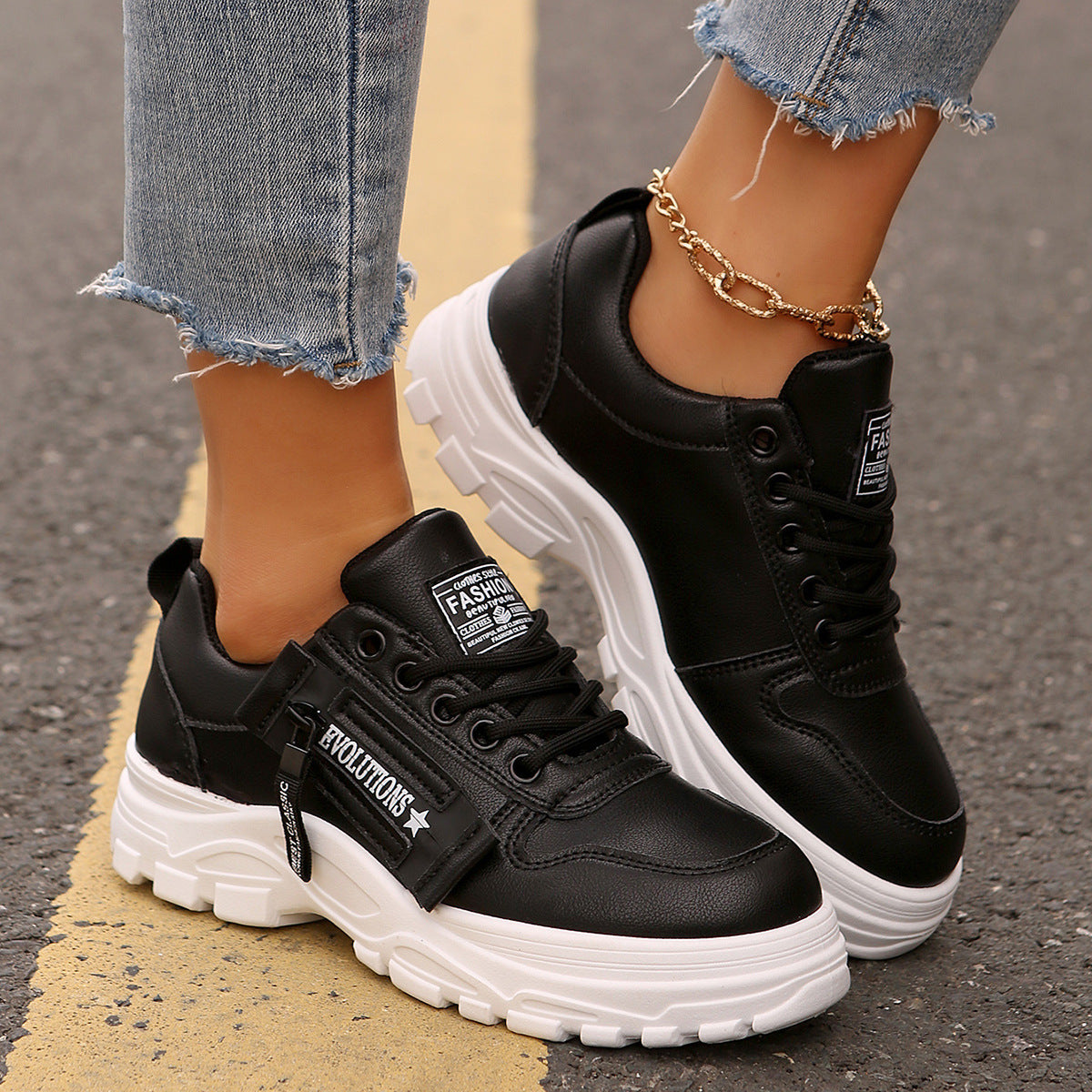 Women’s Lace-Up Side-Zipper Sports Sneakers with Thick Sole