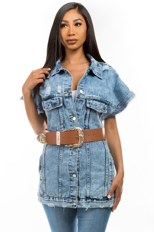 Denim Vest Jacket Short Sleeve Cotton Polyester Jacket